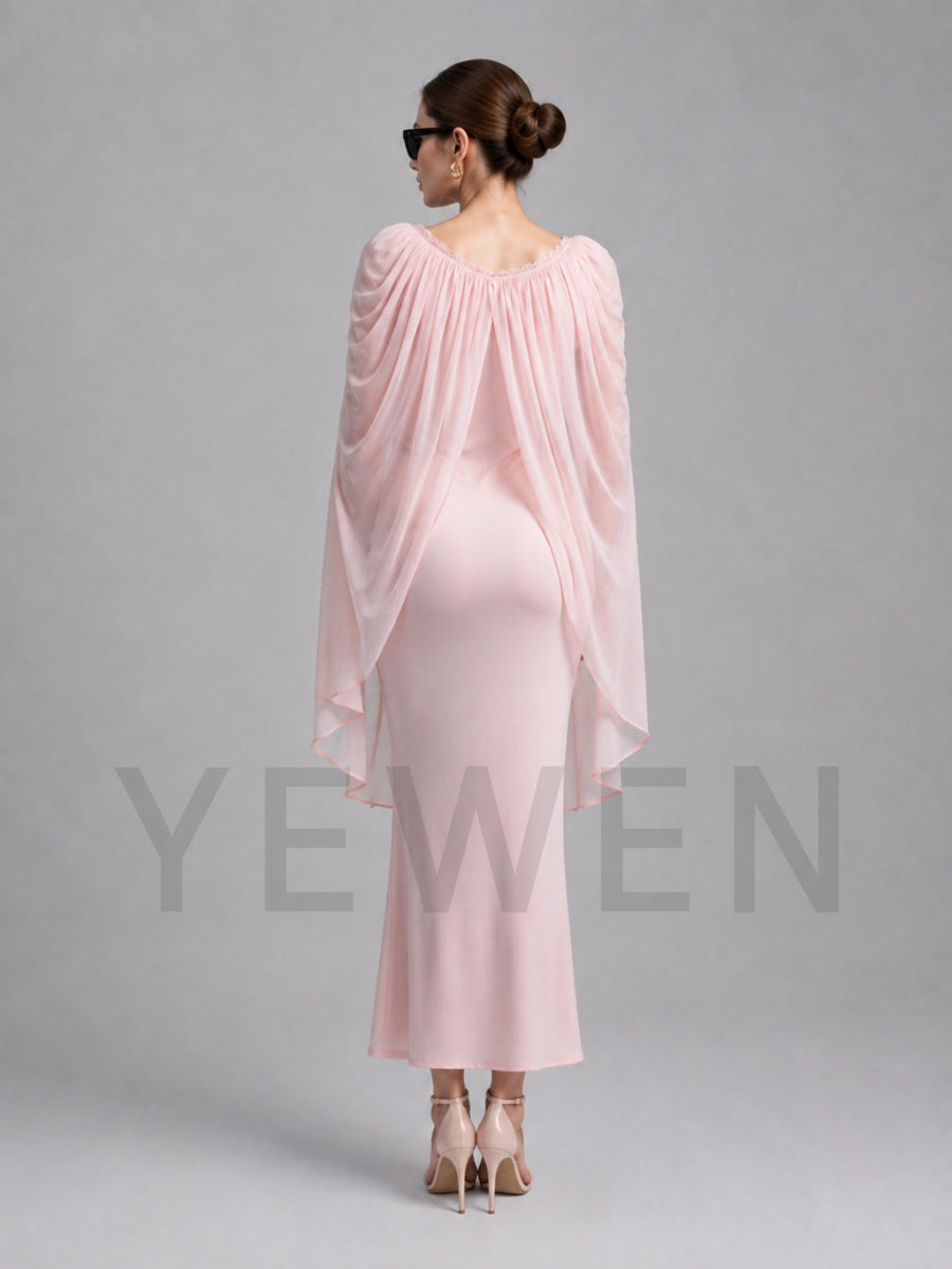Pink Fitted Maternity Baby Shower Dress with Flowy Chiffon Cape L-26931