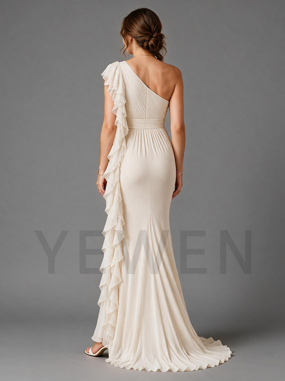 Cream Pleated Chiffon Maternity Gown One Shoulder Cascading Ruffle Baby Shower Dress