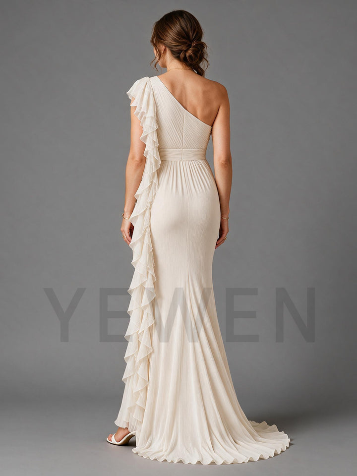 Cream Pleated Chiffon Maternity Gown One Shoulder Cascading Ruffle Baby Shower Dress