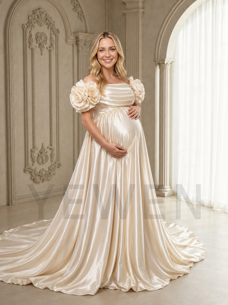 Champagne Off-Shoulder 3D Rose Satin Maternity Photoshoot Gown HY269003
