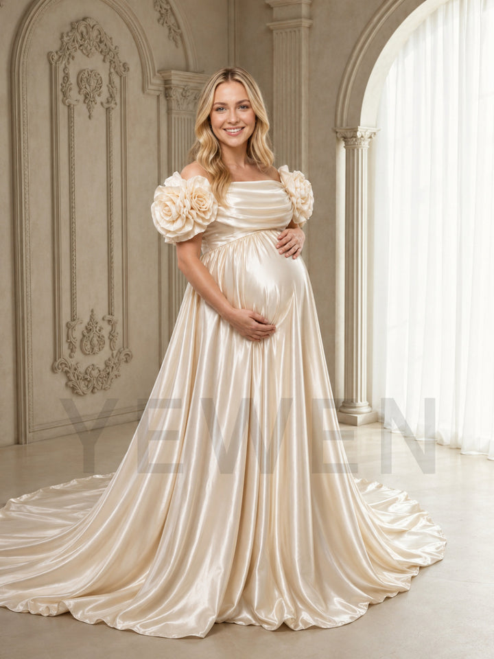 Champagne Off-Shoulder 3D Rose Satin Maternity Photoshoot Gown HY269003