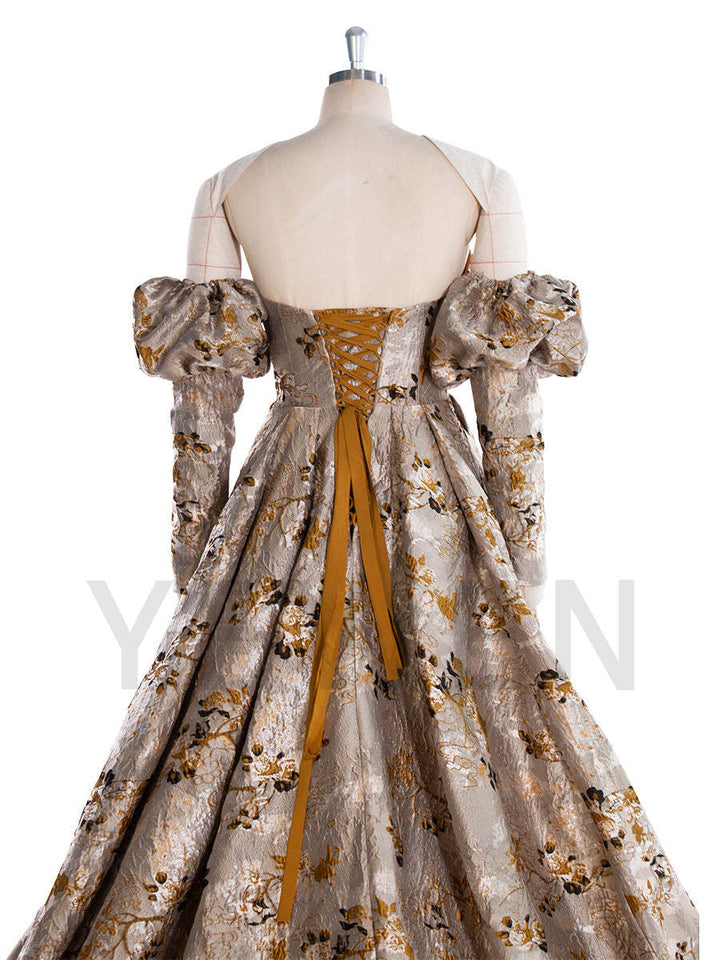 Vintage Jacquard Brocade Formal Dress Elegant Evening Gown Puffy Sleeves Photoshoot Gown YW243105