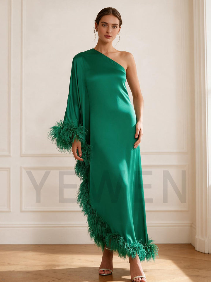 Green One-Shoulder Ostrich Feather Poncho Satin Evening Gown YW2610067