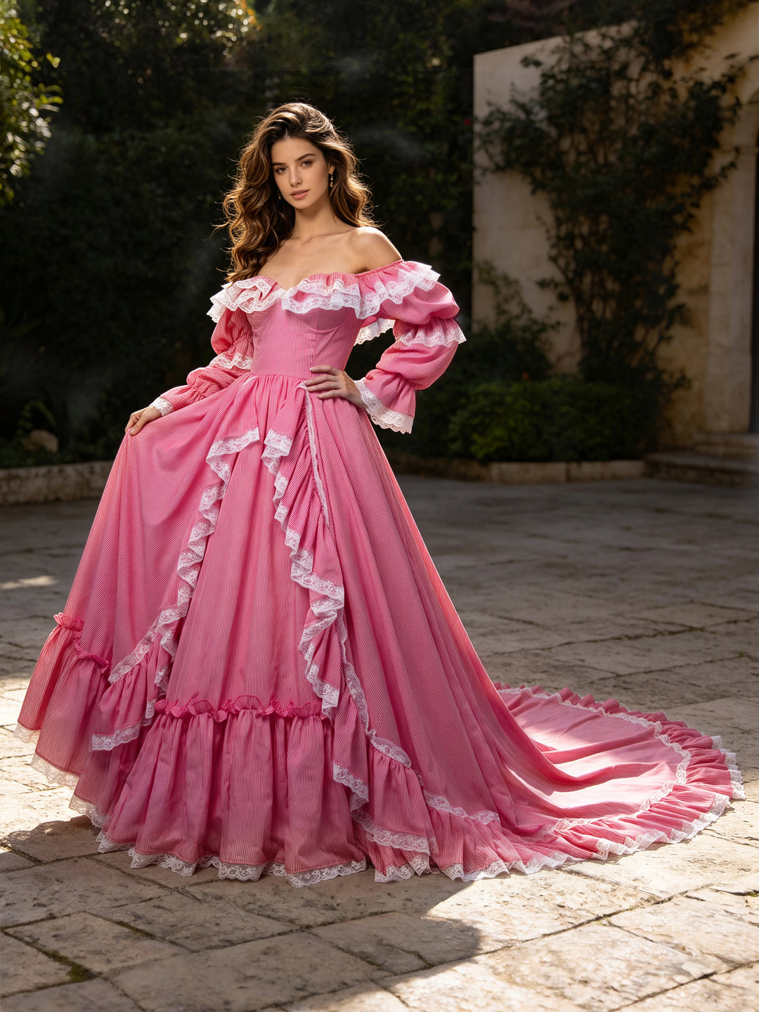Custom Made Princess Gown with Adjustable Train Red Stripe Maiden Gown YW260265-1