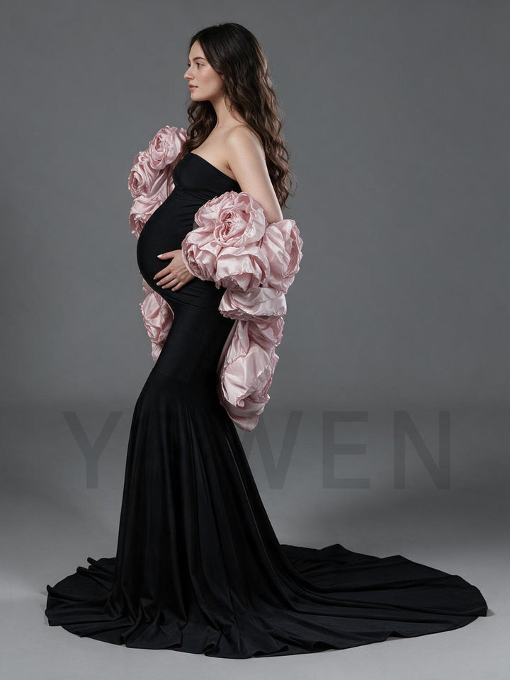 3D Floral Cape Strapless Mermaid Maternity Photoshoot Gown YW2610146