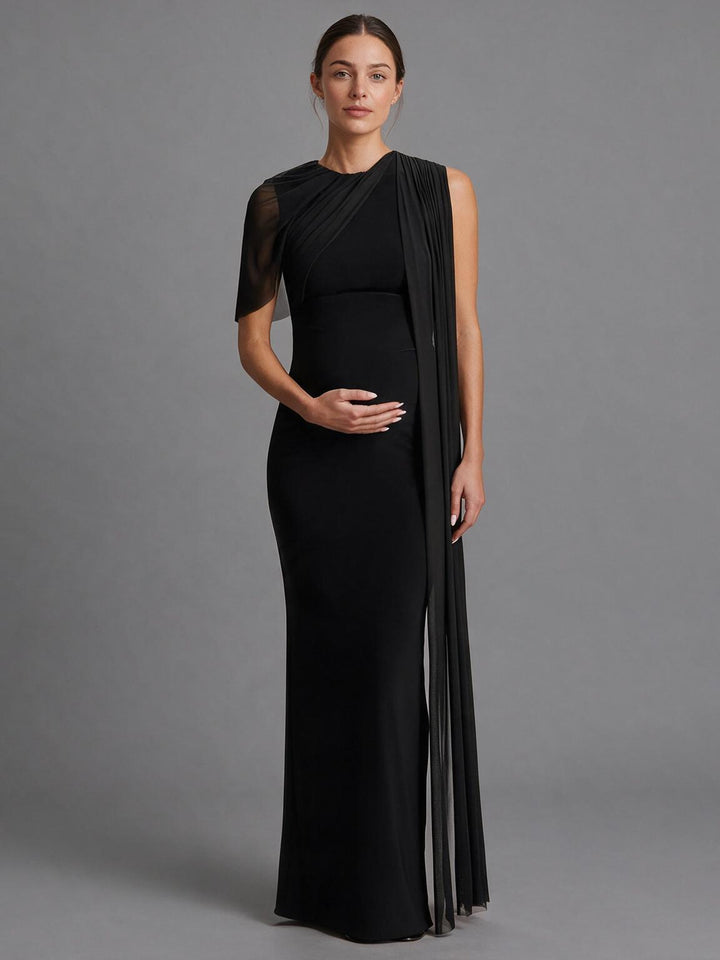 Black One-Shoulder Maternity Baby Shower Dress with Long Sheer Sash
