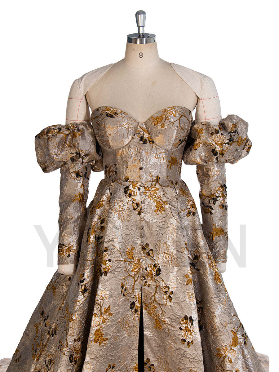 Vintage Jacquard Brocade Formal Dress Elegant Evening Gown Puffy Sleeves Photoshoot Gown YW243105