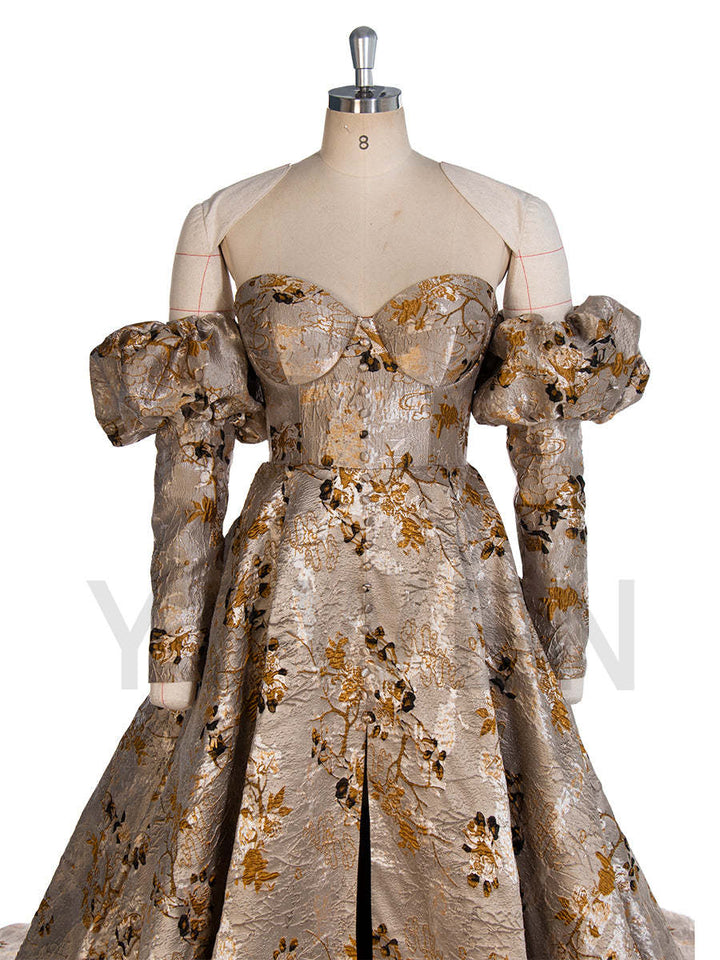 Vintage Jacquard Brocade Formal Dress Elegant Evening Gown Puffy Sleeves Photoshoot Gown YW243105