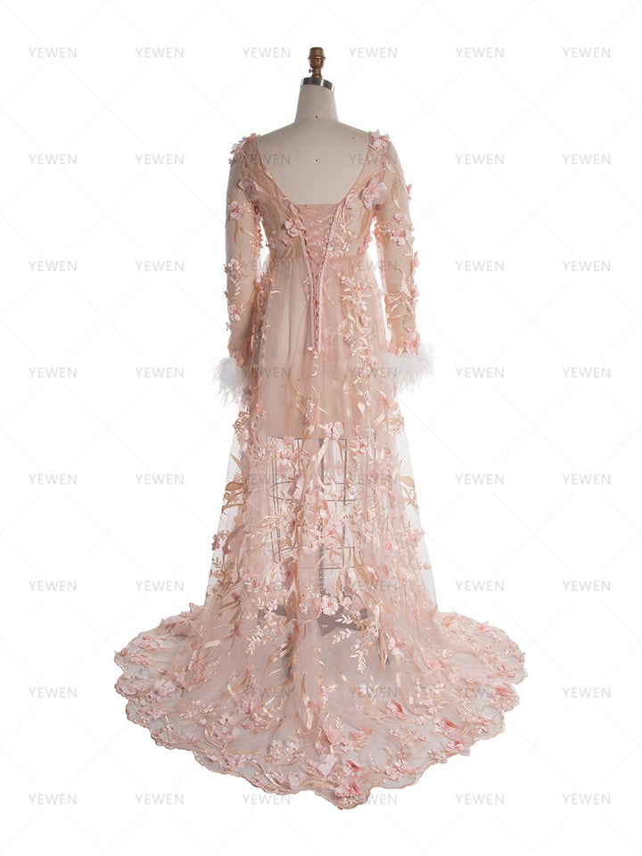 Maternity Dress with 3D Floral Lace Boho Sheer Mesh Fairy Maxi Dress Photoshoot Outfit YW250051