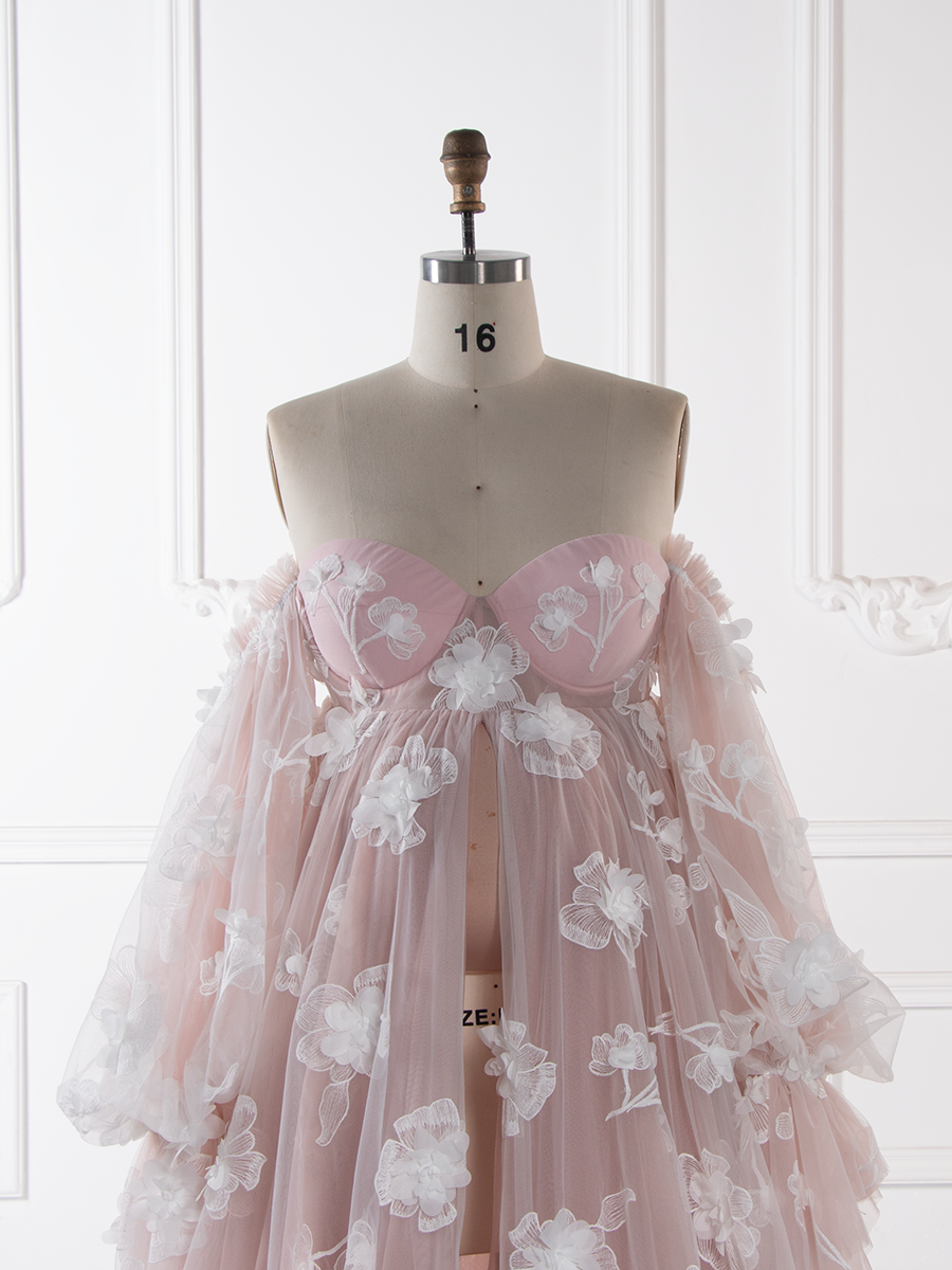 3D Floral Appliques Pregnant women Gown Photography Dress for Baby Shower Front Split YW251048