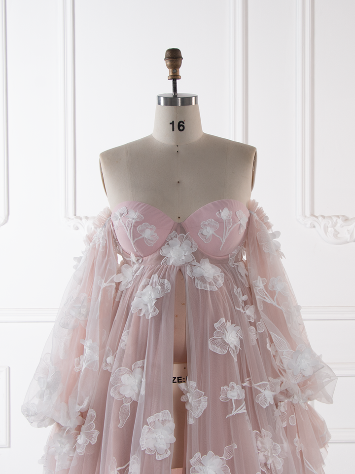 3D Floral Appliques Pregnant women Gown Photography Dress for Baby Shower Front Split YW251048