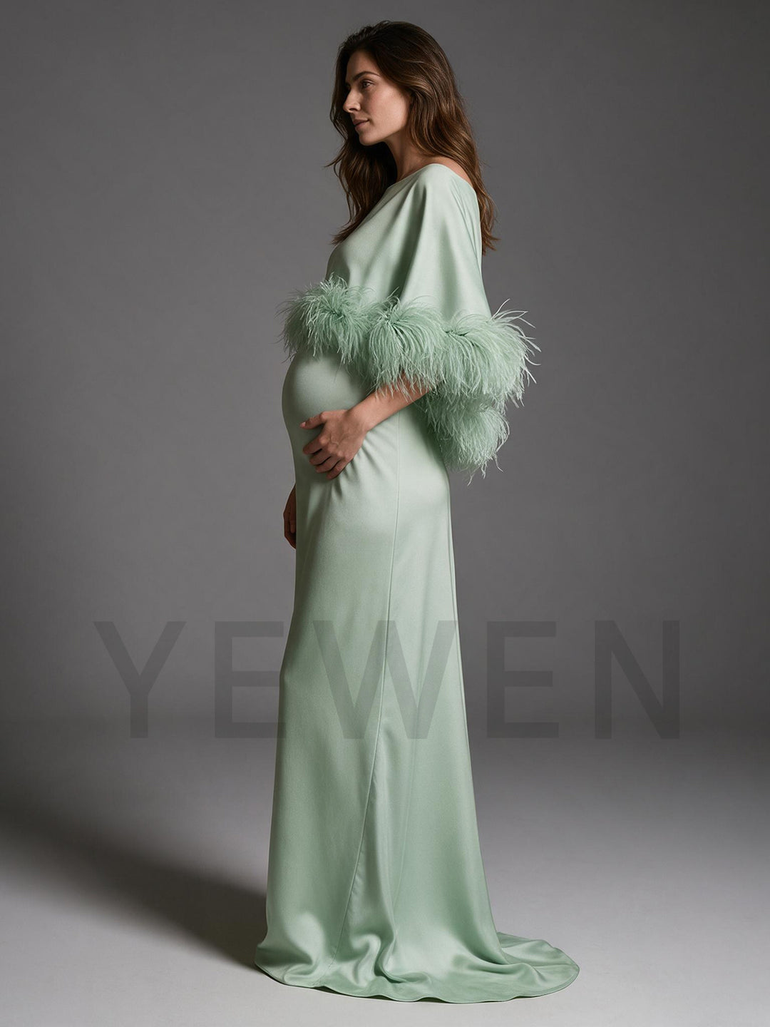 Boat Neck Ostrich Feather Satin Cape Maternity Dress for Baby Shower YW2609231