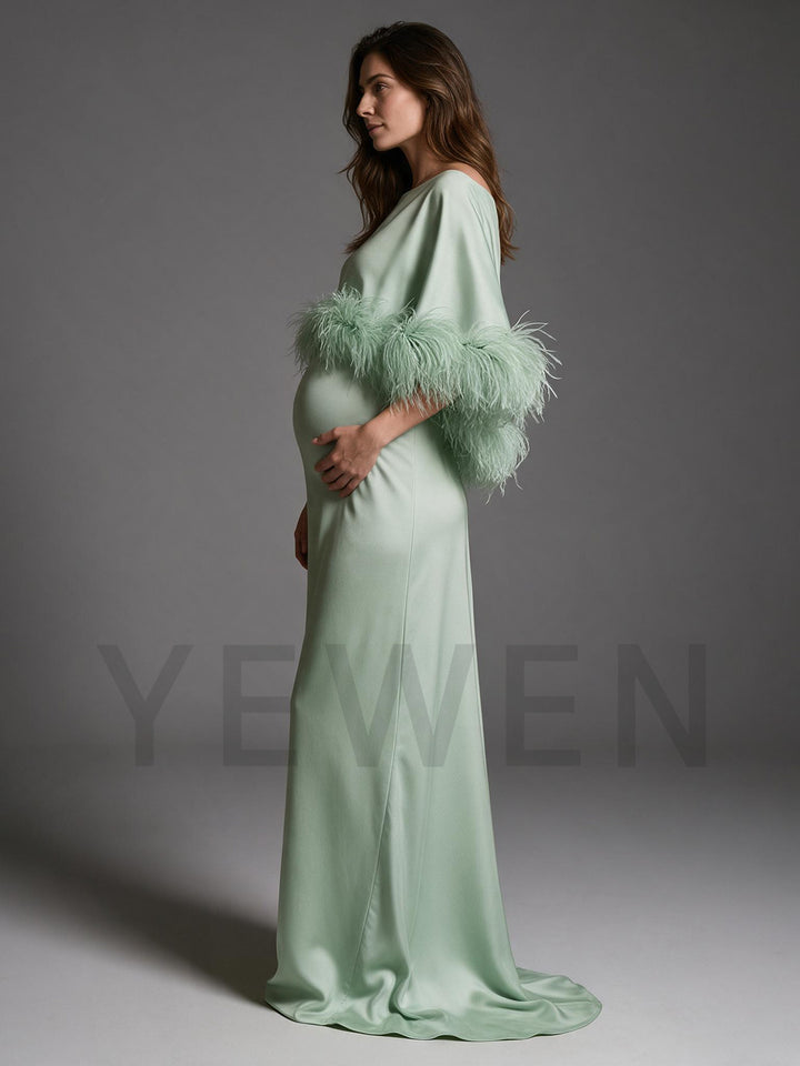 Boat Neck Ostrich Feather Satin Cape Maternity Dress for Baby Shower YW2609231