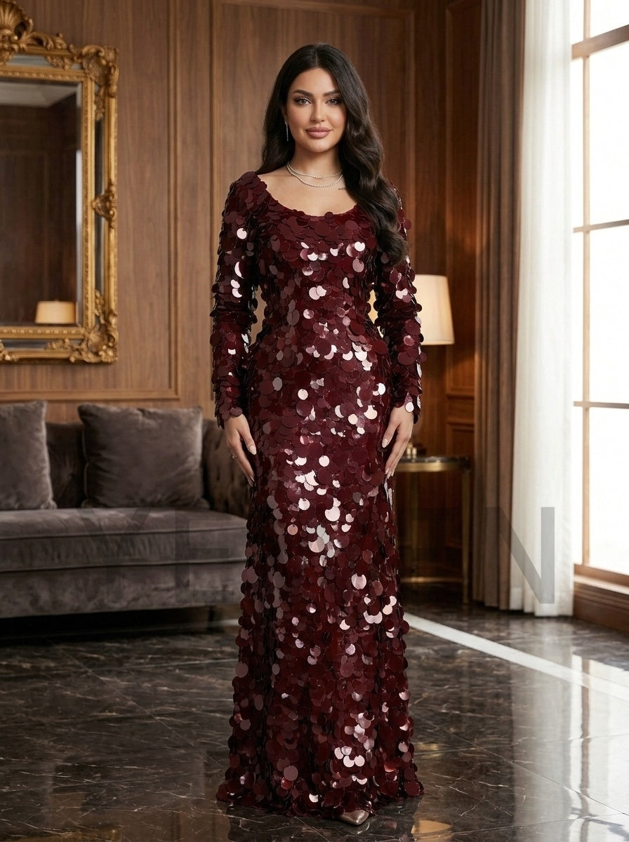 Burgundy Scoop Neck Big Sequin Long Sleeve Fit Evening Gown YD261024