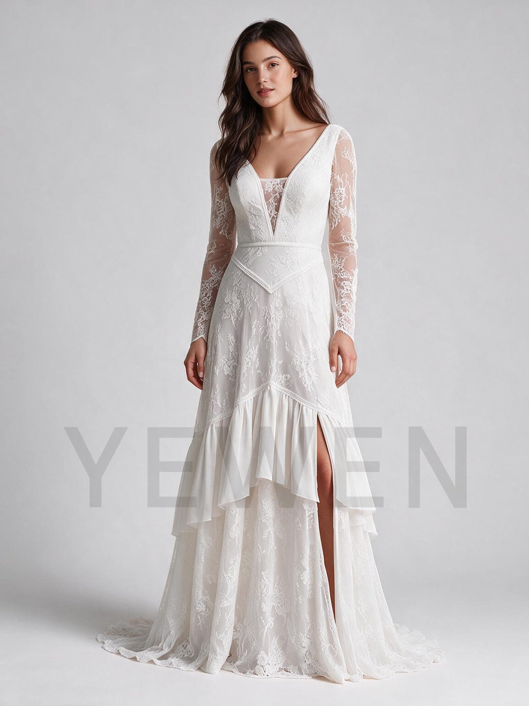 Ivory V-Neck Sheer Long Sleeves Lace Boho Wedding Dress