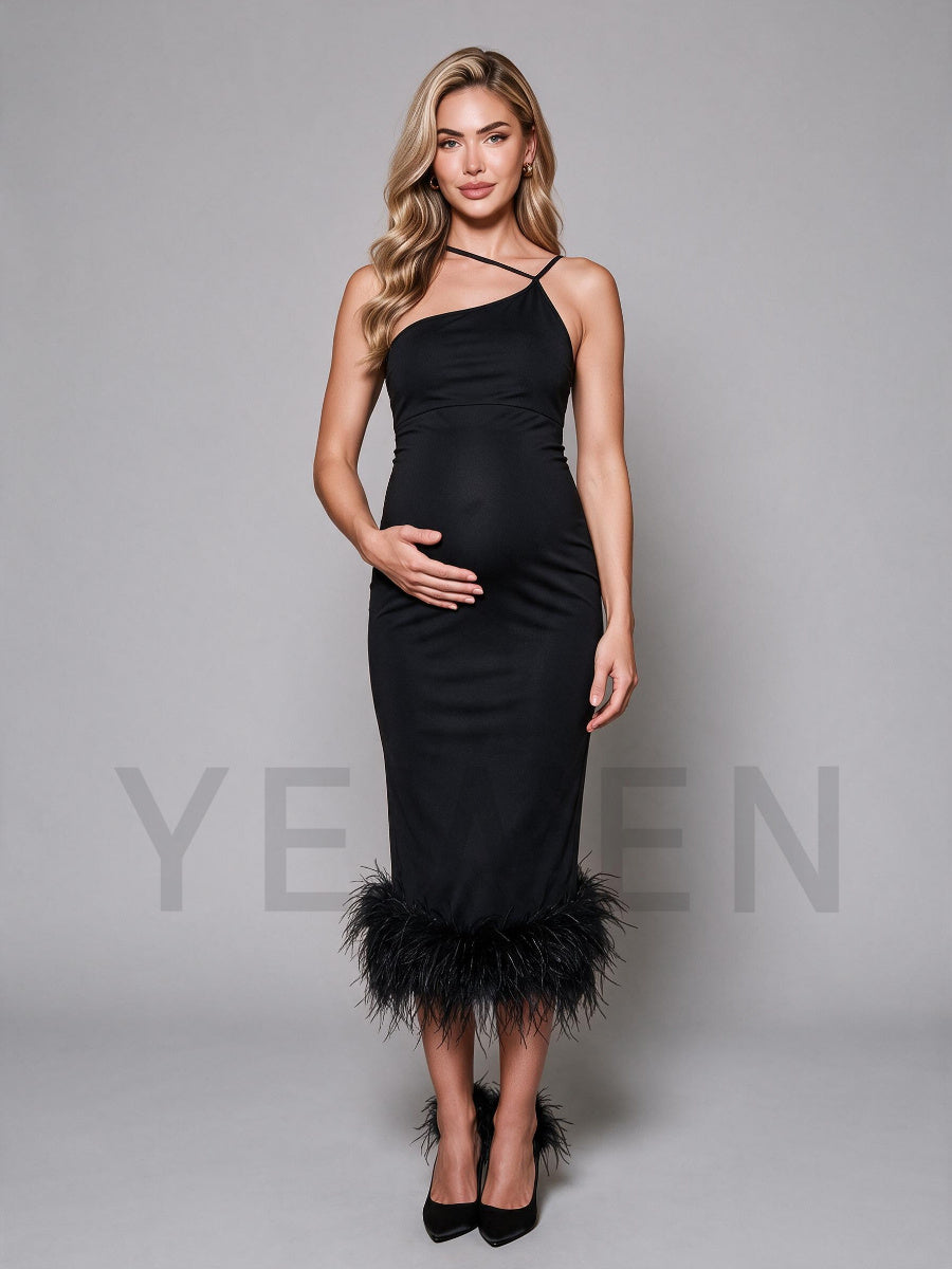 Black One-Shoulder Feather Trim Hem Maternity Dress For Baby Shower YD260835