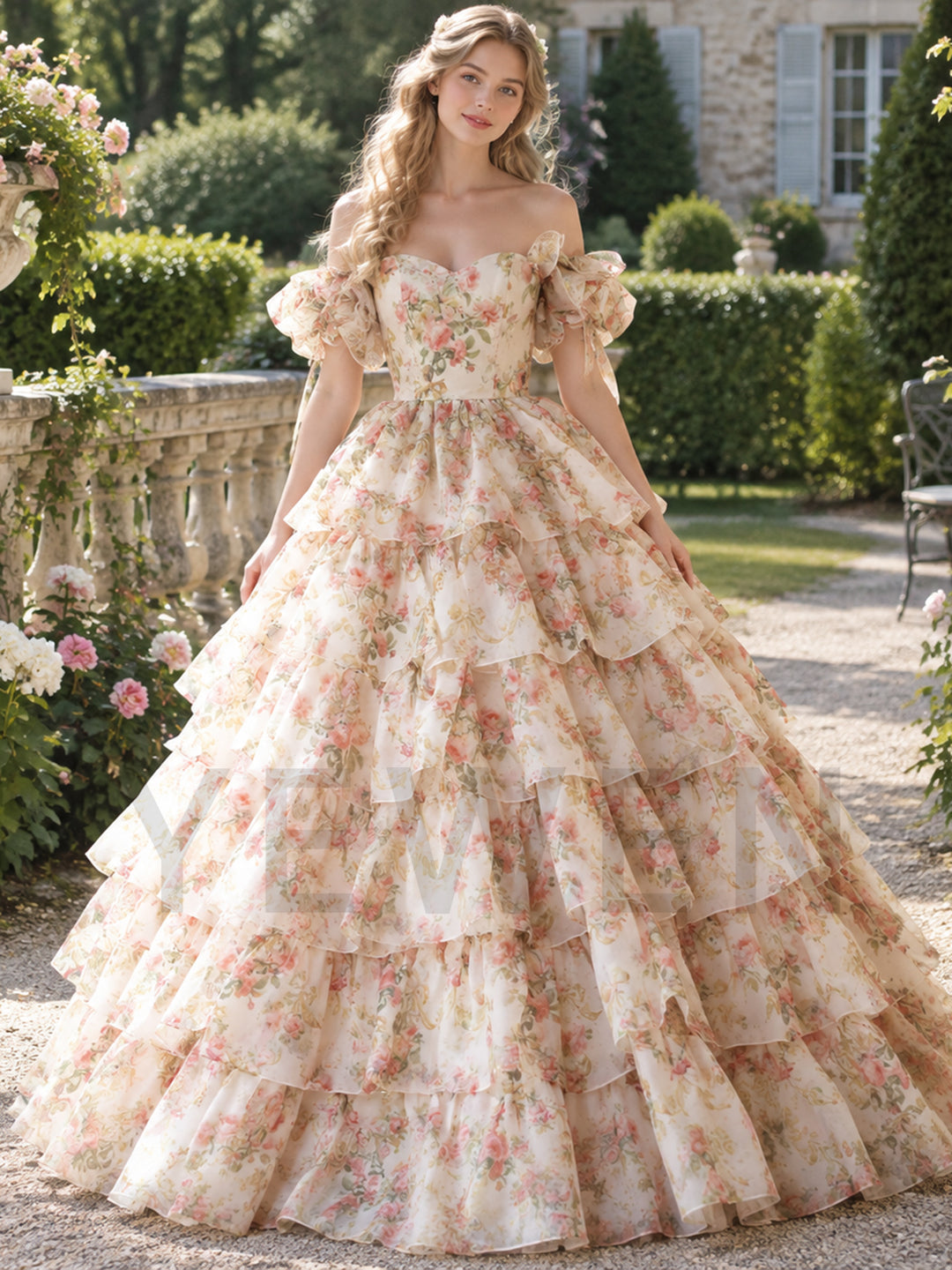 Vintage Rose Floral Off-Shoulder Puff Sleeve Princess Dress YW2609296