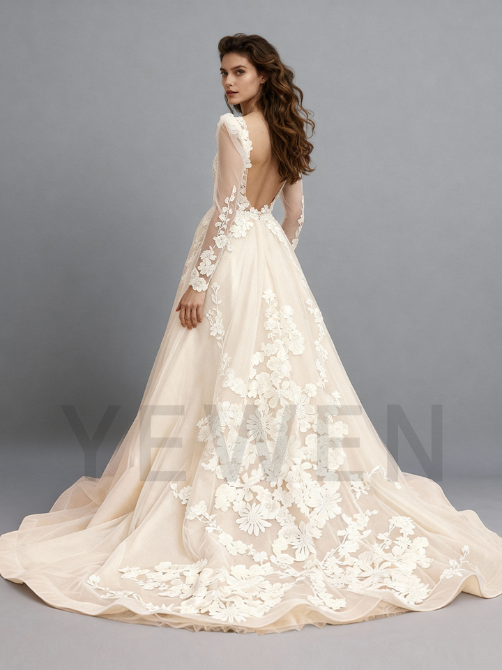 A Line Backless Wedding Dress Lace Applique Tulle Wedding Gown