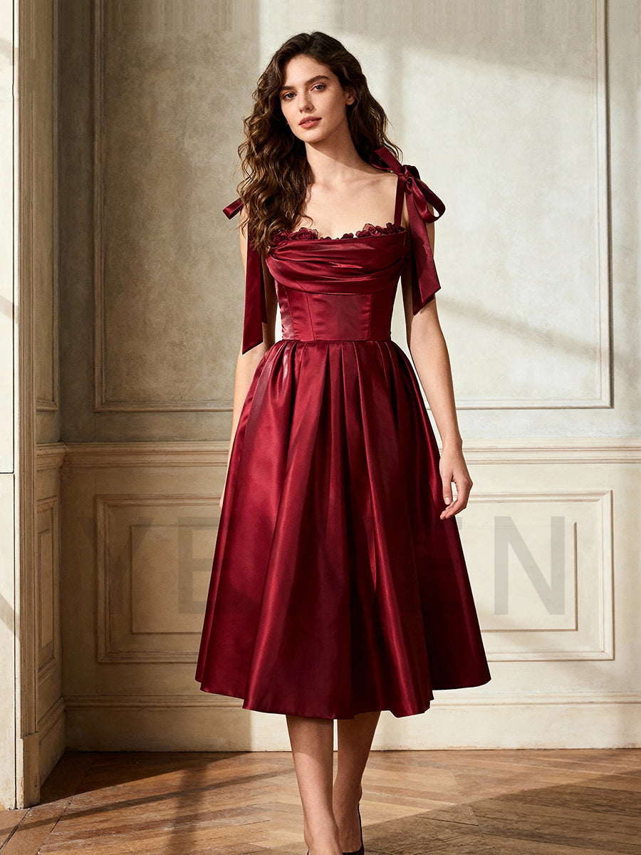 Strapless Burgundy Satin Evening Dress with Bow straps A Line Midi Prom Gown