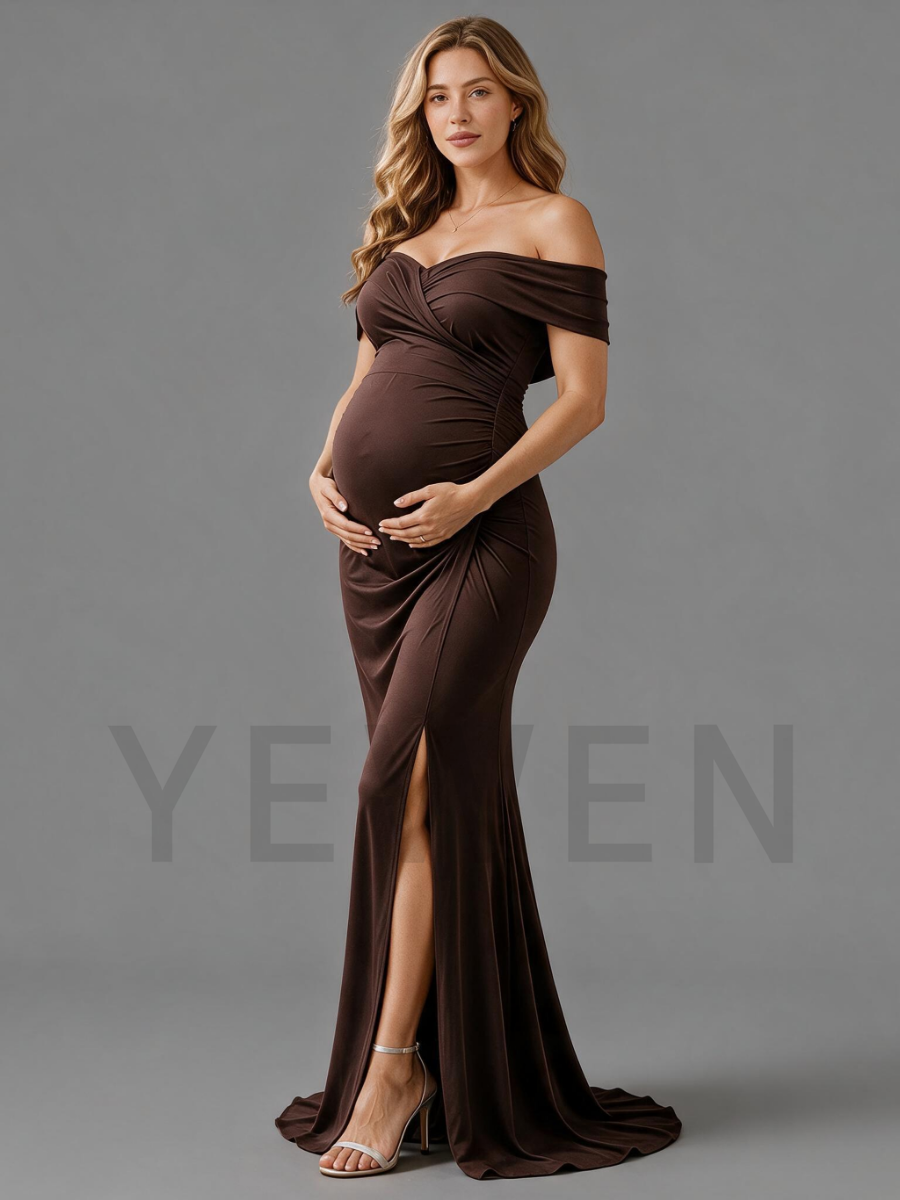 Brown Off-Shoulder Slit Maternity Dress For Baby Shower