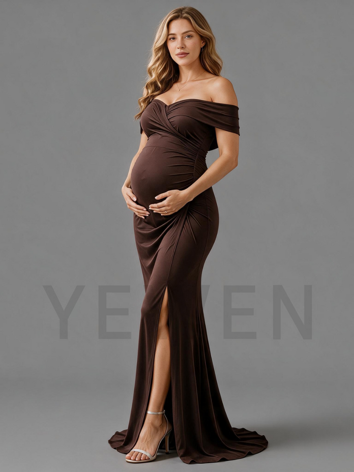 Brown Off-Shoulder Slit Maternity Dress For Baby Shower