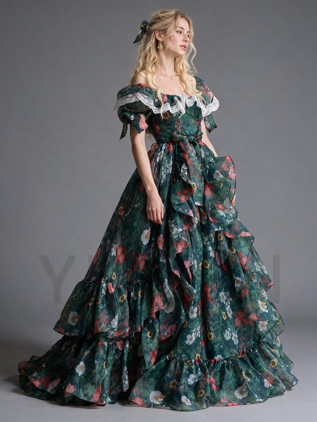 Green Floral Print Lace Ruffle Puff Sleeve Princess Dress YM260903