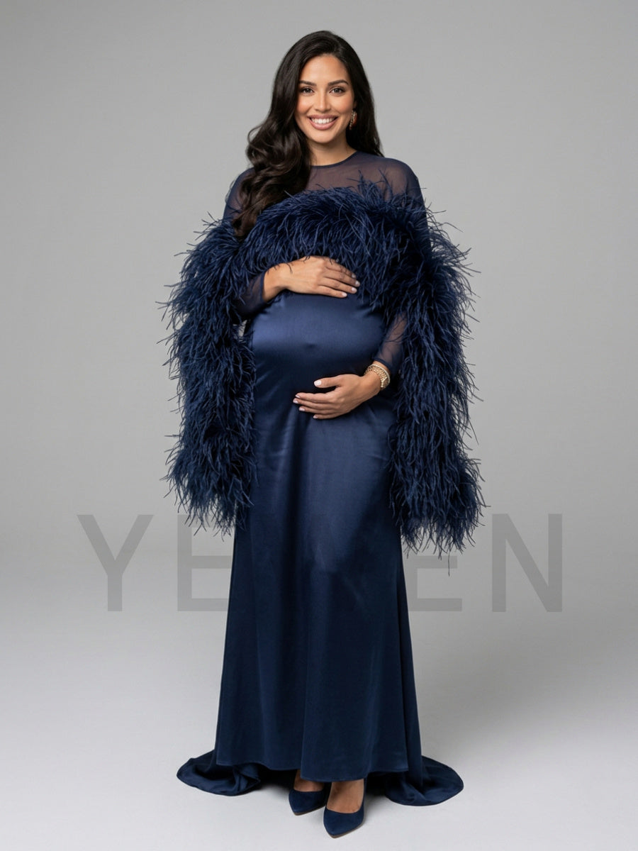 Dramatic Ostrich Feather Cape Maternity Baby Shower Dress YD260917