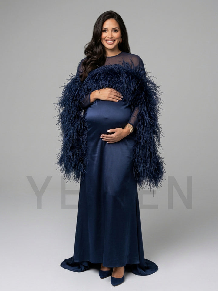 Dramatic Ostrich Feather Cape Maternity Baby Shower Dress YD260917