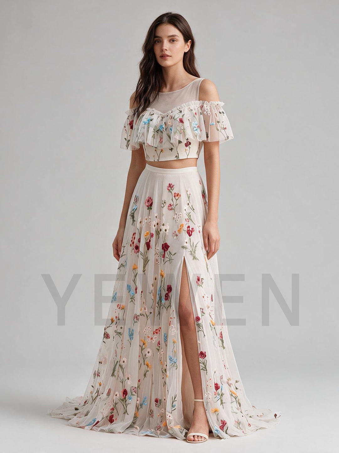 Ivory Two-Piece Off-Shoulder Ruffle Floral Boho Wedding Dress