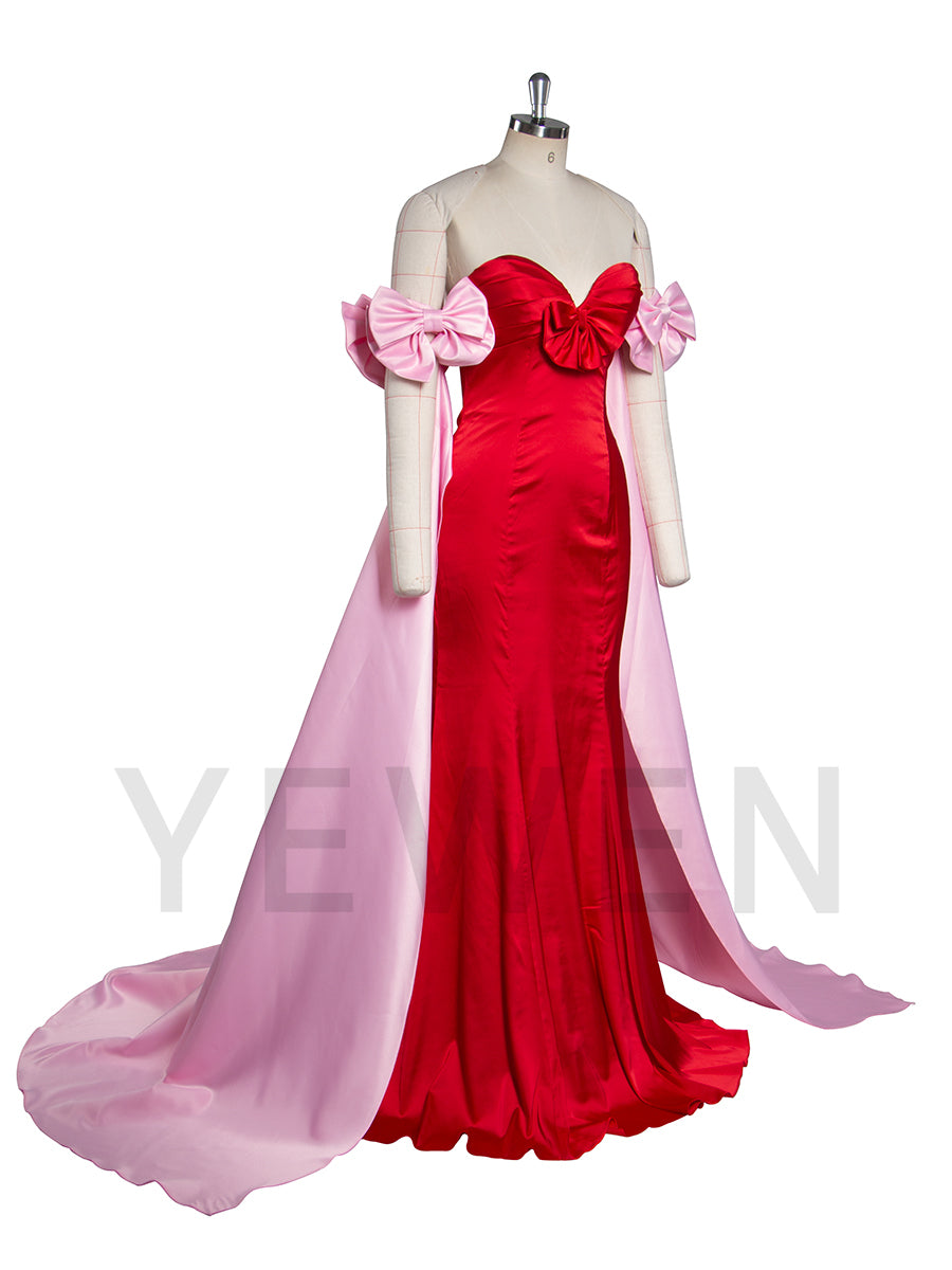 Elegant Satin Pink Cape With Red Bow Off Shoulder Prom Dresses uk LT003