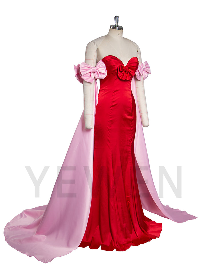 Elegant Satin Pink Cape With Red Bow Off Shoulder Prom Dresses uk LT003