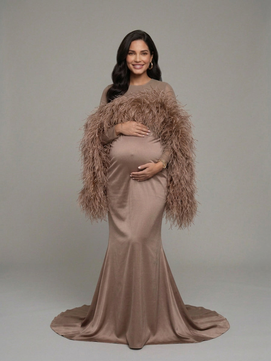 Dramatic Ostrich Feather Cape Maternity Baby Shower Dress YD260917