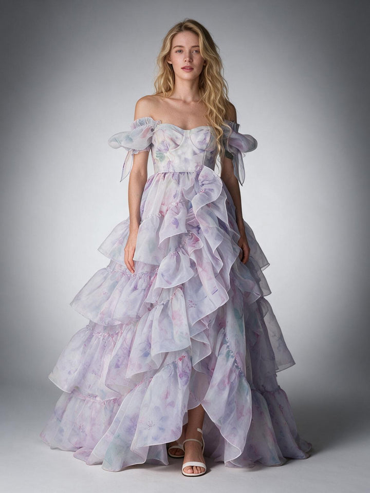 Lilac Floral Off-Shoulder Puff Sleeve Princess Dress YW2609271