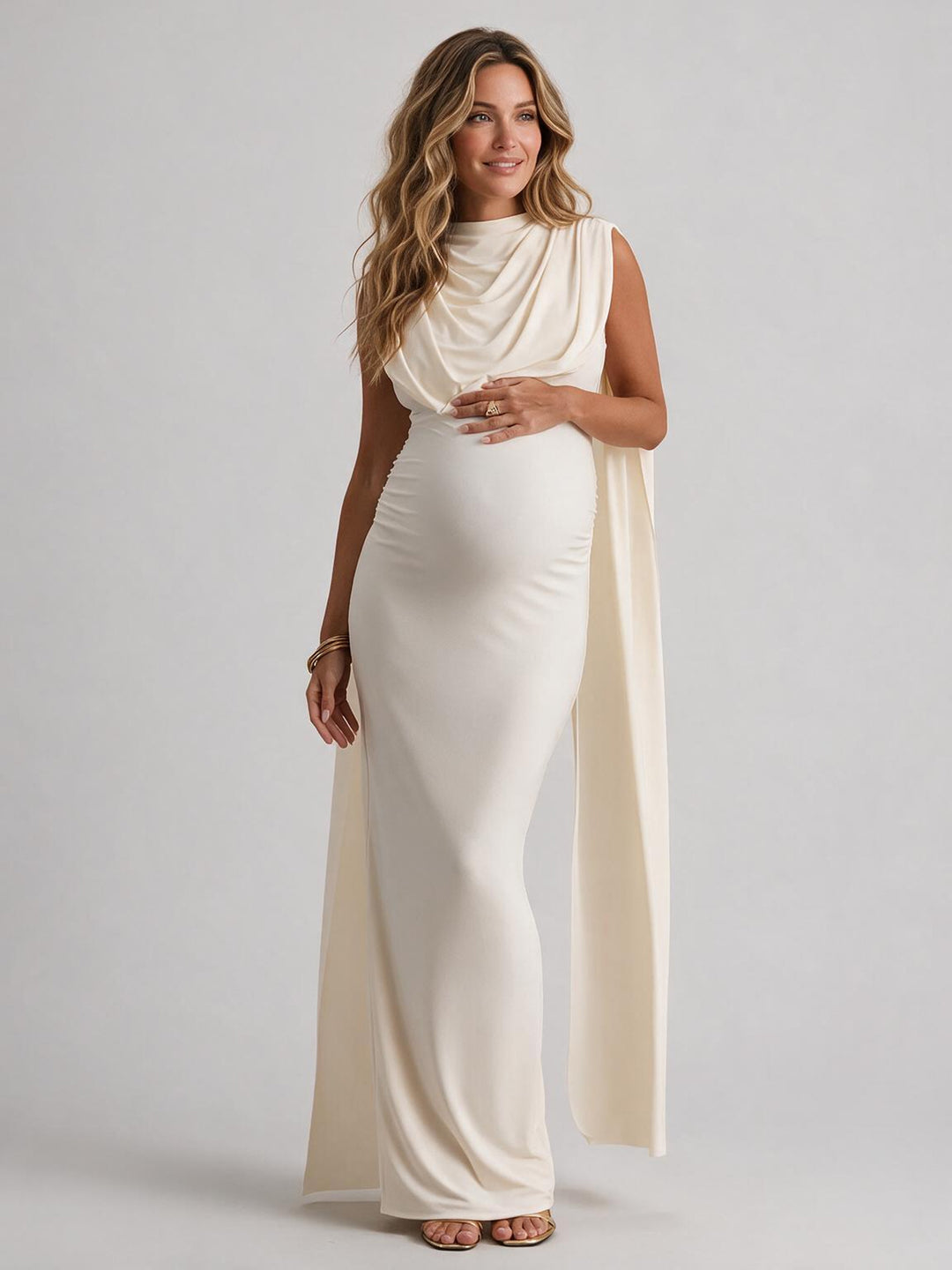 Mock Neck Draped Long Cape Maternity Dress for Baby Shower YM261011