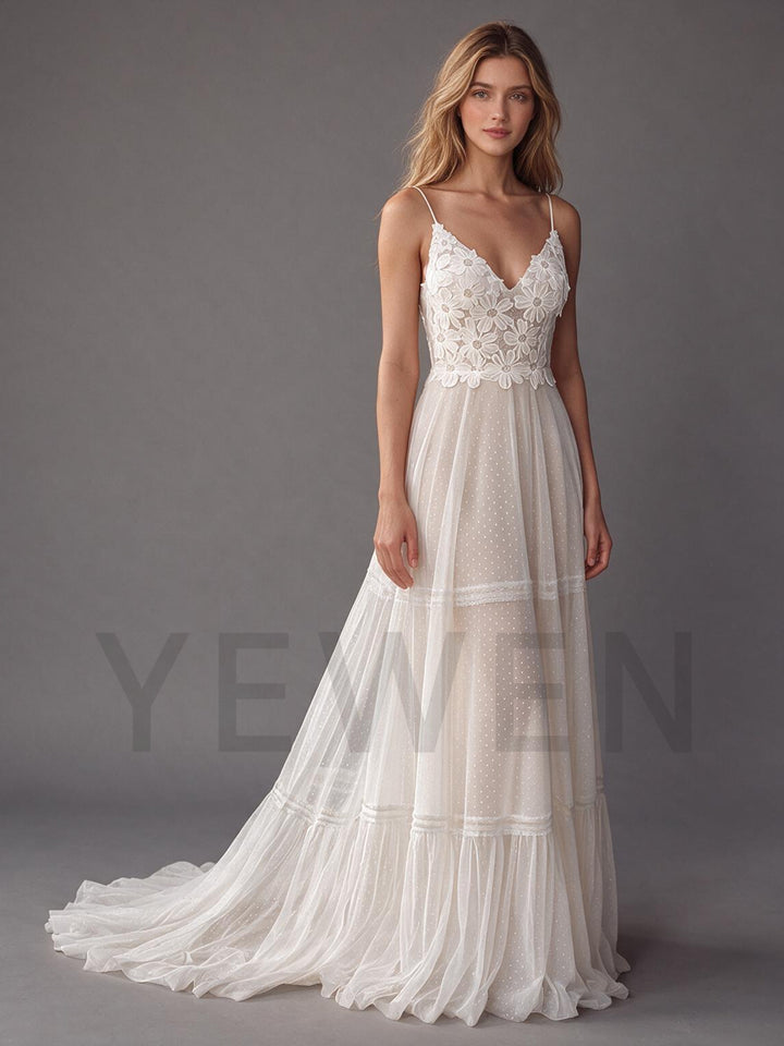Ivory Spaghetti Strap V-Neck Floral Lace Boho Wedding Dress