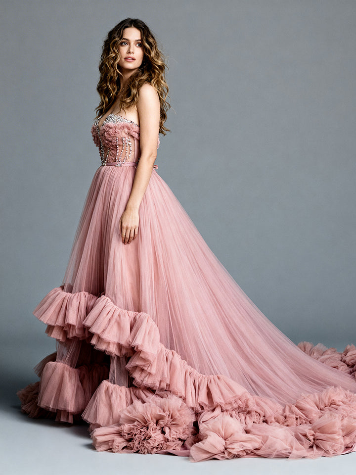 Customized Dusty Pink Beaded Tulle Dress Strapless Ruffles Skirt Occasion Dress