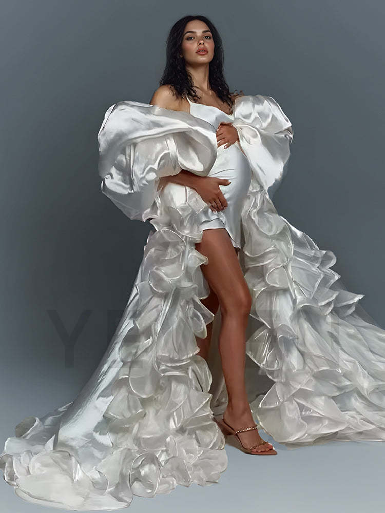 Satin Puffy Sleeves Maternity Photoshoot Dress Ruffle Pregnancy Photography Outfit YW250063