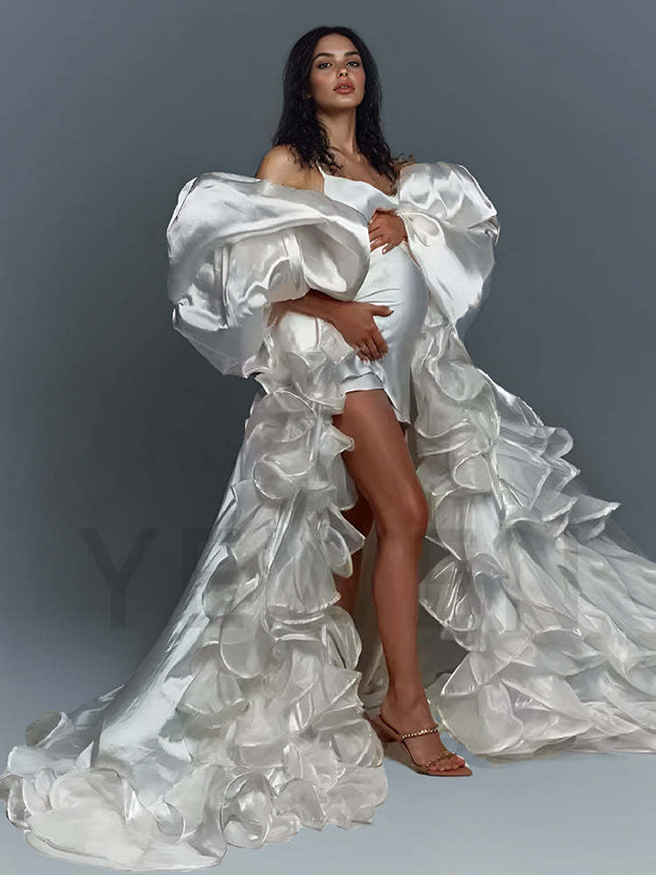 Satin Puffy Sleeves Maternity Photoshoot Dress Ruffle Pregnancy Photography Outfit YW250063