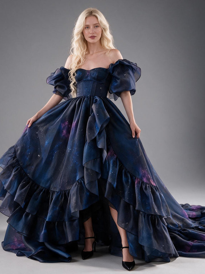 Navy Galaxy Off-Shoulder Ruffle Puff Sleeve Princess Dress YW2609275