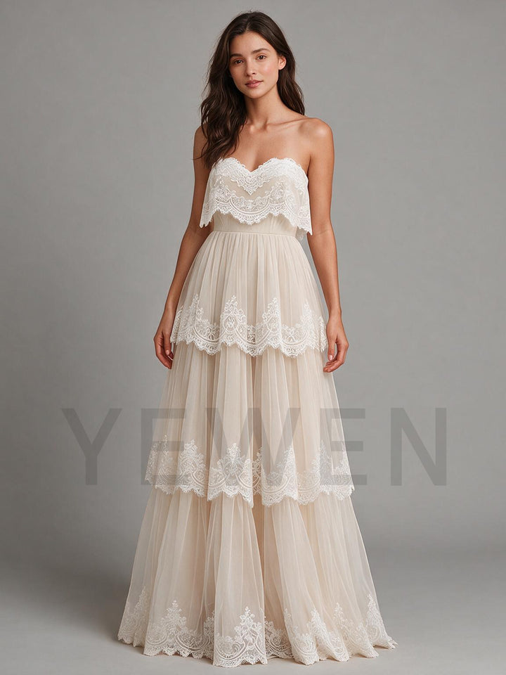 Ivory Strapless Sweetheart Layered Lace Boho Wedding Dress