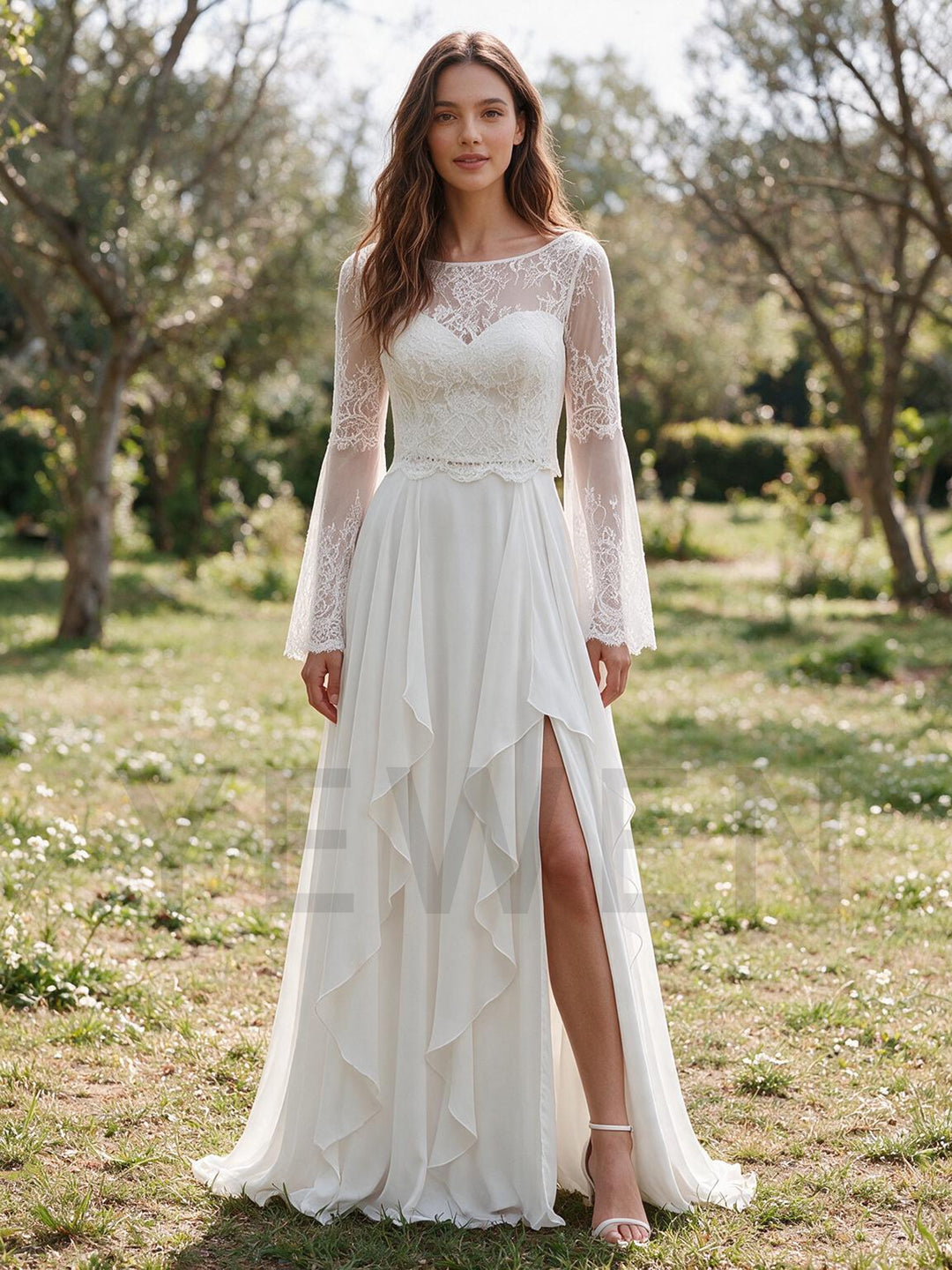 Ivory Illusion Neckline Sheer Long Sleeve Lace Boho Wedding Dress