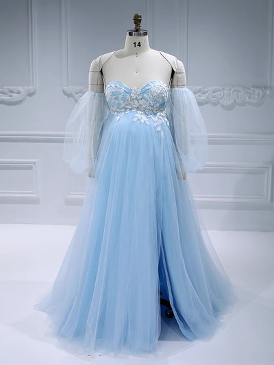Blue Tulle Maternity Dress for Photo Shoot with Detachable Sleeves 
