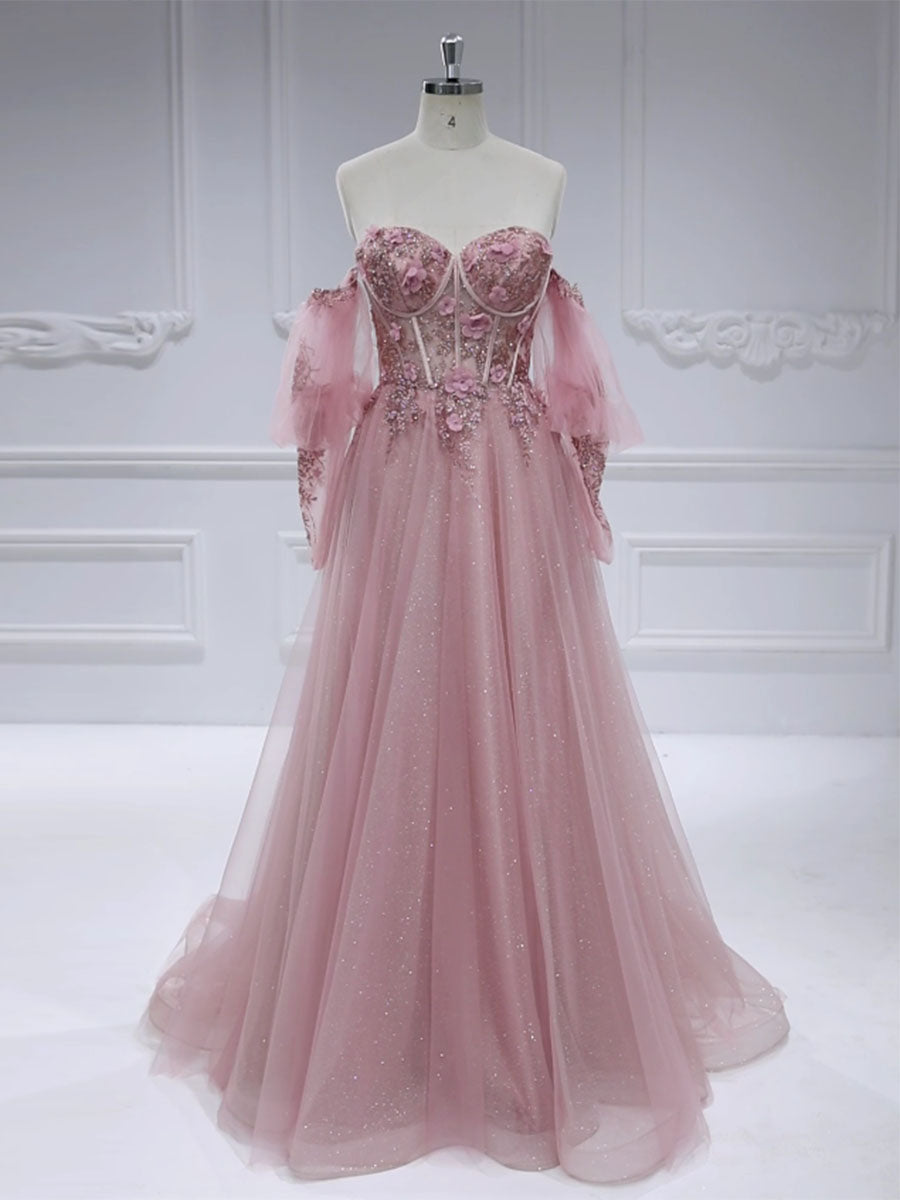 Princess Sweep Train Sequin Lace Tulle Pink Prom Dresses #18149 Princess Sweep Train Sequin Lace Tulle Pink Prom Dresses #18149