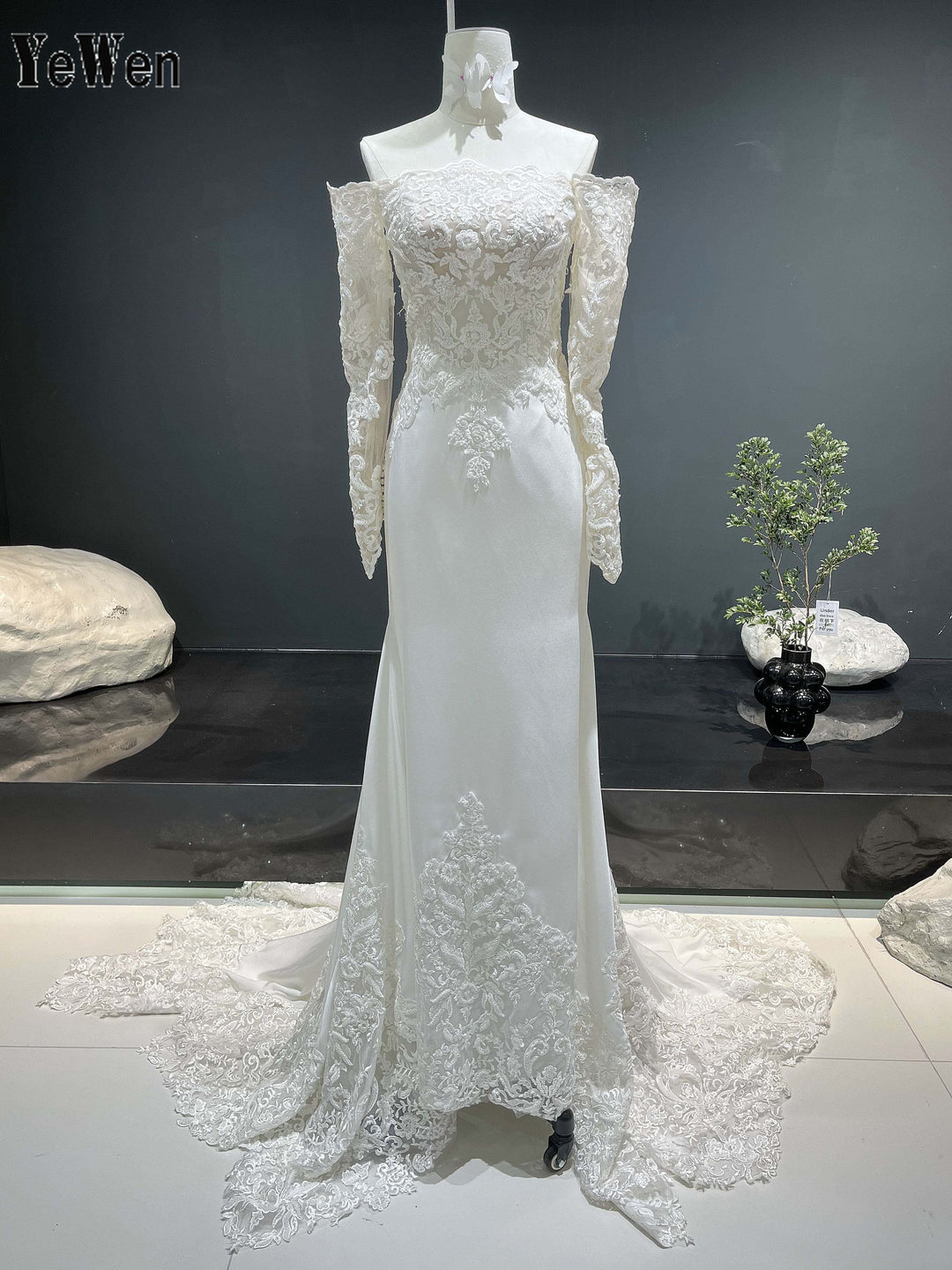 White Lace Satin Mermaid Bridal Dress Off-Shoulder Long Sleeves Wedding Gown YW0839 White Lace Satin Mermaid Bridal Dress Off-Shoulder Long Sleeves Wedding Gown YW0839