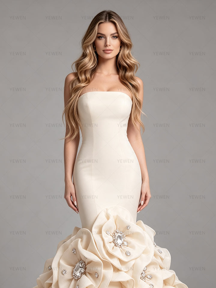 2026 Luxury Couture Mermaid Handmade Floral Train Rhinestone Photoshoot Gown Elegant Formal Occasion Dress for Photo Shoot