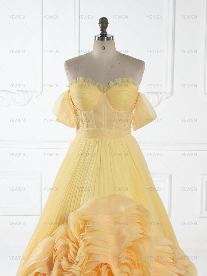 Modern Style Customized Yellow Ruched Long Formal Dress Strapless Evening Gown YW260273