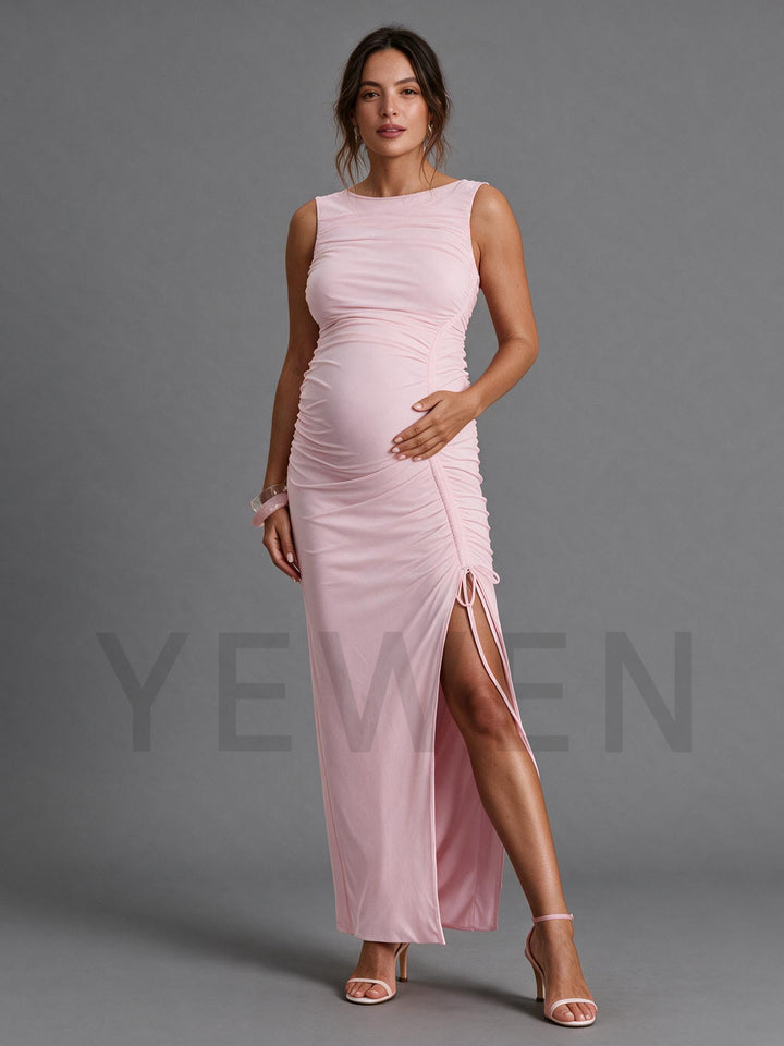 Baby Pink Sleeveless Ruched Side Slit Maternity Dress for Baby Shower