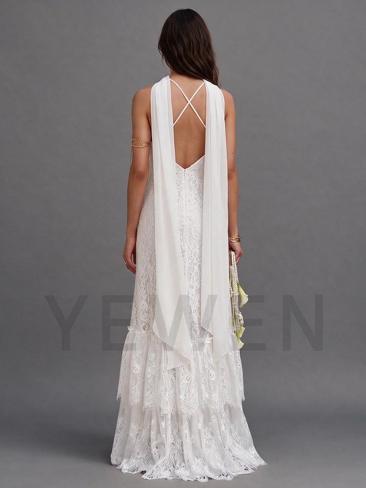Ivory Spaghetti Strap V-Neck Scarf Lace Boho Wedding Dress