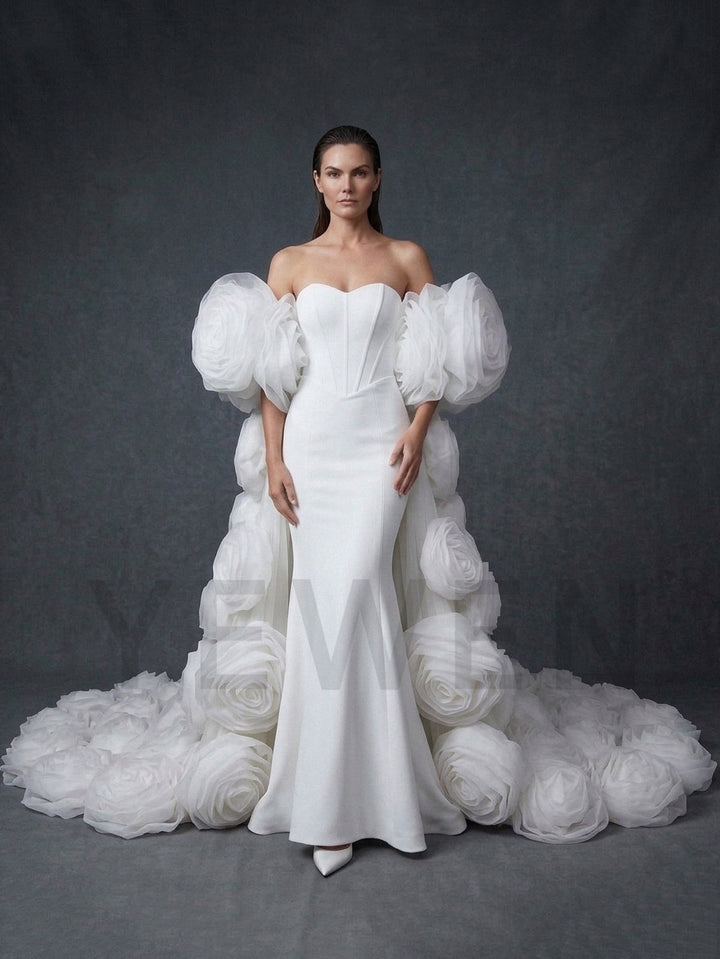 Pink Strapless Mermaid 3D Floral Wedding Dress with Cape YD261020