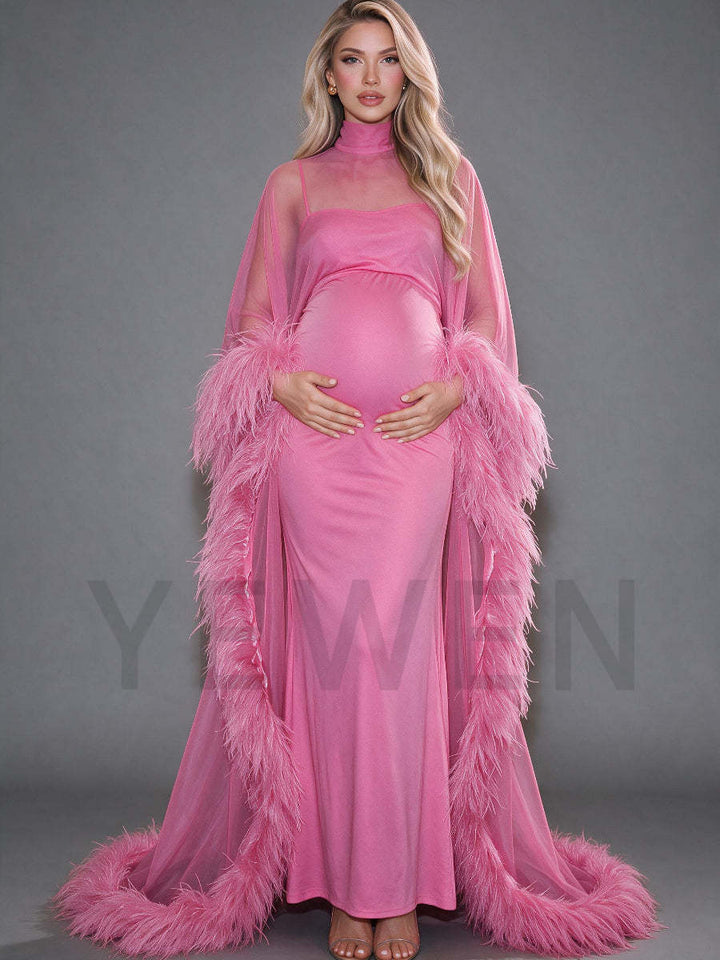 Glamorous Ostrich Feather Cape Maternity Baby Shower Dress YD260834